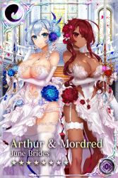 Rule 34 | 1girl, age of ishtaria, arthur (age of ishtaria), breasts, bride, cleavage, clothing cutout, dark skin, dress, flower, garter straps, highres, large breasts, long hair, mordred (age of ishtaria), navel, navel cutout, red hair, silver hair, thighhighs, white dress