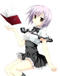 Rule 34 | 1girl, black bow, black legwear, black skirt, book, bow, bowtie, breasts, capelet, firill crest, floating book, floating object, green eyes, hair ornament, hairclip, high-waist skirt, highres, invisible chair, juuoumujin no fafnir, korie riko, looking at viewer, medium breasts, open book, parted lips, shirt, short hair, silver hair, simple background, sitting, skirt, solo, white background, white shirt