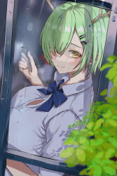 Rule 34 | 1girl, absurdres, blue bow, blue bowtie, bow, bowtie, breasts, ceres fauna, green hair, hair over one eye, highres, holding, holding pen, hololive, hololive english, jomizumi, large breasts, looking at viewer, pen, rain, short hair, smile, through window, virtual youtuber, yellow eyes