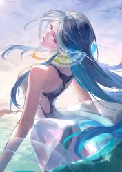 Rule 34 | 1girl, absurdres, ass, bare arms, bare shoulders, black one-piece swimsuit, blue hair, breasts, chinese commentary, commentary, cowboy shot, fins, from behind, green eyes, head fins, highres, lamia (path to nowhere), large breasts, light frown, long hair, looking at viewer, multicolored hair, ocean, one-piece swimsuit, outdoors, path to nowhere, qingci, shaft look, shoulder blades, sky, solo, streaked hair, swimsuit, wading, water