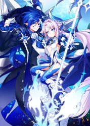Rule 34 | 1boy, 1girl, absurdly long hair, bad id, bad pixiv id, black jacket, blue eyes, blue footwear, blue gloves, blue hair, blue shirt, boots, breasts, chain, chevalier (elsword), ciel (elsword), cleavage, cleavage cutout, clothing cutout, detached sleeves, elsword, facial mark, floating hair, gloves, grin, hair between eyes, high heel boots, high heels, highres, holding, holding chain, holding weapon, icedango (dpopic3), ishtar (elsword), jacket, long hair, looking at viewer, luciela r. sourcream, pointy ears, polearm, shirt, silver hair, small breasts, smile, thigh boots, thighhighs, twintails, very long hair, weapon, white gloves