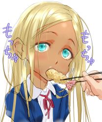 10s 1girl aqua_eyes blonde_hair blush chopsticks dark-skinned_female dark_skin dokiyuri feeding female_focus food highres idolmaster idolmaster_cinderella_girls layla_(idolmaster) long_hair ribbon school_uniform shrimp simple_background solo tempura upper_body white_background