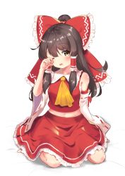 Rule 34 | 1girl, ;o, ascot, bare shoulders, barefoot, bed sheet, blush, bow, breasts, brown hair, collared vest, commentary request, detached sleeves, frilled bow, frilled hair tubes, frilled sleeves, frills, hair bow, hair tubes, hakurei reimu, head tilt, highres, long hair, long sleeves, midriff, midriff peek, navel, nontraditional miko, one eye closed, open mouth, quasar631, red bow, red skirt, red vest, ribbon-trimmed sleeves, ribbon trim, saliva, sidelocks, sitting, skirt, sleepy, small breasts, solo, touhou, vest, wariza, white sleeves, wide sleeves, yawning, yellow ascot
