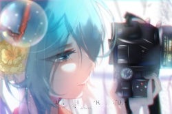 Rule 34 | 1girl, absurdres, aqua eyes, aqua hair, bloom, blurry, blurry background, bubble, camera, character name, chinese commentary, chromatic aberration, close-up, commentary, commentary request, eyelashes, flower, hair flower, hair ornament, half-closed eyes, hatsune miku, highres, holding, holding camera, light particles, omone hokoma agm, portrait, product placement, profile, smile, solo, twintails, vocaloid