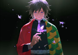 Rule 34 | 1boy, arm at side, belt, black hair, blue eyes, bug, butterfly, butterfly on hand, commentary, dark, glowing butterfly, hair between eyes, haori, insect, japanese clothes, kimetsu no yaiba, long hair, long sleeves, looking at hand, looking down, male focus, maosen, solo, sword, tomioka giyuu, uniform, upper body, weapon