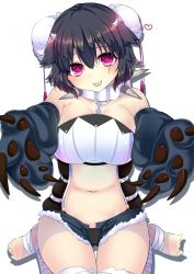 Rule 34 | 1girl, bad id, bad pixiv id, bandages, barefoot, belly, black hair, black panties, breasts, bun cover, claws, collar, double bun, haruta (806060), horns, large breasts, looking at viewer, navel, original, outstretched arms, panties, plump, red eyes, seiza, short shorts, shorts, sitting, solo, spiked collar, spikes, underwear, unzipped, wariza