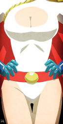 Rule 34 | 1girl, alien, belt, blue gloves, breasts, cape, cleavage, cleavage cutout, clothing cutout, dc comics, gloves, hands on own hips, head out of frame, legs, leotard, power girl, red cape, solo, standing, superman (series), thighs, white leotard