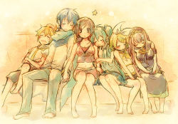 Rule 34 | 2boys, 4girls, :o, bare legs, barefoot, belt, blonde hair, blue hair, blue scarf, blush, blush stickers, breasts squeezed together, breasts, brown hair, closed eyes, coat, couch, crossed arms, everyone, full body, hair ribbon, hatsune miku, holding hands, interlocked fingers, kagamine len, kagamine rin, kaito (vocaloid), leaning, leaning on person, locked arms, long hair, megurine luka, meiko (vocaloid), multiple boys, multiple girls, navel, necktie, open mouth, pants, pink hair, ribbon, sandwiched, scarf, sepia, short hair, simple background, sitting, skirt, sleeping, sleeping on person, star (symbol), strapless, surprised, tsuyuka (sunny spot), tube top, vocaloid, white ribbon, wide-eyed, yellow neckwear