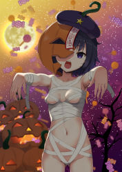 Rule 34 | 1girl, alternate costume, ambasa, bandages, bare tree, black hair, blush, breasts, cabbie hat, candy, commentary request, cowboy shot, food, full moon, halloween, hat, hat ornament, highres, jack-o&#039;-lantern, jiangshi, lollipop, looking at viewer, miyako yoshika, moon, mummy costume, naked bandage, navel, open mouth, outstretched arms, paid reward available, pumpkin, purple eyes, purple hat, sharp teeth, short hair, small breasts, solo, star (symbol), star hat ornament, teeth, touhou, tree, wrapped candy, yellow moon, zombie pose