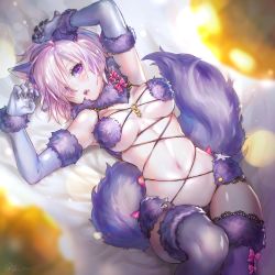 Rule 34 | 1girl, animal ears, bow, breasts, claws, elbow gloves, fate/grand order, fate (series), fur collar, gloves, hair over one eye, large breasts, lma, looking at viewer, lying, mash kyrielight, mash kyrielight (dangerous beast), navel, o-ring, o-ring top, official alternate costume, pink bow, purple eyes, purple gloves, purple hair, purple thighhighs, revealing clothes, solo, tail, thighhighs, wolf ears, wolf tail