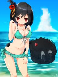 Rule 34 | 10s, 1girl, alternate costume, aqua bikini, artist request, bikini, bikini top only, black hair, blush, breasts, cannon, cleavage, commentary request, flower, hair flower, hair ornament, hand in own hair, headgear, highres, kantai collection, large breasts, momimaki, navel, ocean, red eyes, short hair, solo, starfish, swimsuit, turret, weapon, yamashiro (kancolle)