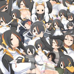 Rule 34 | 5girls, artist request, ass, black hair, breasts, bright pupils, brown eyes, character request, closed mouth, drawstring, emperor penguin (kemono friends), gentoo penguin (kemono friends), hair over one eye, headphones, highleg, highleg leotard, highres, hood, hood down, hooded jacket, hug, humboldt penguin (kemono friends), jacket, kemono friends, large breasts, leotard, lips, long hair, looking at another, looking at viewer, lying, multicolored hair, multiple girls, multiple persona, open mouth, penguins performance project (kemono friends), red hair, rockhopper penguin (kemono friends), royal penguin (kemono friends), smile, streaked hair, sweater, swept bangs, taut clothes, turtleneck, two-tone hair, upper body, white leotard
