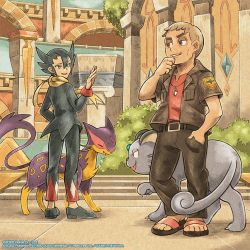 Rule 34 | 2boys, alolan form, alolan persian, belt, black belt, black footwear, black hair, brown eyes, bush, commentary, creatures (company), dated, english commentary, eye contact, game freak, gen 5 pokemon, gen 7 pokemon, grey eyes, grey hair, grimsley (pokemon), hair between eyes, hand in pocket, hand up, highres, jacket, jewelry, liepard, long sleeves, looking at another, matsuri (matsuike), multiple boys, nanu (pokemon), necklace, nintendo, official art, open mouth, outdoors, pants, parted lips, pokemon, pokemon (creature), pokemon bw, pokemon masters ex, pokemon sm, red shirt, sandals, scarf, shirt, shoes, short sleeves, standing, teeth, toes, watermark, yellow scarf