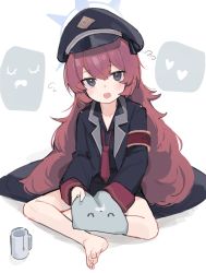 Rule 34 | 1girl, armband, bad id, bad twitter id, barefoot, black shirt, blue archive, blush, book, cup, fenrir (fenriluuu), halo, hat, heart, highres, iroha (blue archive), jacket, looking at viewer, military, military hat, military uniform, necktie, pillow, red hair, red necktie, shirt, solo, sweatdrop, teacup, uniform, white background