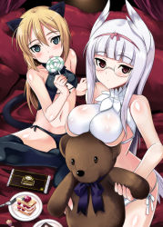 Rule 34 | 2girls, animal ears, aqua eyes, black panties, blonde hair, breasts, candy, cat ears, cat tail, chocolate, food, fork, glasses, hairband, heidimarie w. schnaufer, heinrike prinzessin zu sayn-wittgenstein, holding, kyogoku shin, large breasts, licking, lollipop, long hair, looking at viewer, multiple girls, navel, no shoes, noble witches, panties, pillow, pink eyes, plate, silver hair, strike witches, stuffed animal, stuffed toy, tail, teddy bear, thighhighs, underwear, underwear only, white panties, world witches series