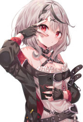 Rule 34 | 1girl, bare shoulders, belt, black belt, black collar, black gloves, black hair, black jacket, blush, braid, breasts, cellphone, cleavage, collar, fingerless gloves, gaaa u, gloves, grey hair, hair ornament, highres, holding, holding phone, hololive, jacket, looking at viewer, medium breasts, medium hair, multicolored hair, nail polish, open clothes, open jacket, phone, red eyes, red nails, sakamata chloe, shirt, simple background, smartphone, solo, streaked hair, upper body, virtual youtuber, white background, white shirt, x hair ornament