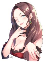 Rule 34 | 1girl, breasts, brown hair, cleavage, da-cart, dorothea arnault, earrings, finger to mouth, fingernails, fire emblem, fire emblem: three houses, green eyes, highres, jewelry, large breasts, long hair, nintendo, one eye closed, parted lips, portrait, ring, signature, simple background, smile, solo, upper body, white background