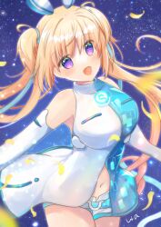 Rule 34 | 1girl, :d, bare shoulders, blonde hair, blue background, blue dress, blue ribbon, blush, breasts, commentary, detached sleeves, dress, eyelashes, eyes visible through hair, floating hair, hair between eyes, hair ribbon, happy, highres, large breasts, light particles, long hair, looking at viewer, lunar-q, lunaria -virtualized moonchild-, navel, open mouth, purple eyes, ribbon, short dress, signature, simple background, smile, solo, twintails, two-tone dress, ura (ura-tennislove), very long hair, white dress