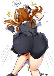 Rule 34 | 1girl, accident, all fours, asagumo (kancolle), ass, bike shorts, bow, brown hair, fingerless gloves, from behind, gloves, hair bow, kantai collection, long hair, r.linge, school uniform, skirt, solo, twintails