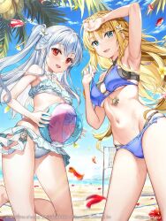 Rule 34 | 2girls, :d, arm up, ball, beachball, bikini, black bikini, blonde hair, blue bikini, blue eyes, blue sky, breasts, cloud, commentary request, day, flower, fujima takuya, grey hair, groin, hair between eyes, holding, holding ball, kagamihara azumi, layered bikini, medium breasts, multiple girls, navel, one side up, open mouth, outdoors, palm tree, red eyes, red flower, rigel (z/x), sky, small breasts, smile, standing, standing on one leg, swimsuit, transparent, tree, white bikini, z/x