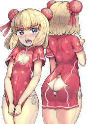 Rule 34 | 10s, 1girl, ass, ass cutout, bad id, bad pixiv id, blonde hair, blue eyes, blush, breasts, butt crack, chinese clothes, clothing cutout, girls und panzer, highres, katyusha (girls und panzer), open mouth, panties, side-tie panties, sikijou77o, simple background, small breasts, solo, underwear, white background, white panties