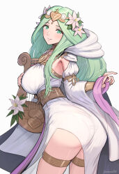 1girl ass breasts dress fire_emblem fire_emblem:_three_houses fire_emblem_heroes flower from_behind gonzarez green_eyes green_hair grey_background hair_flower hair_ornament harp highres holding holding_instrument instrument large_breasts long_hair looking_at_viewer looking_back nintendo official_alternate_costume pantylines rhea_(aura_of_love)_(fire_emblem) rhea_(fire_emblem) simple_background skindentation solo thigh_strap white_dress