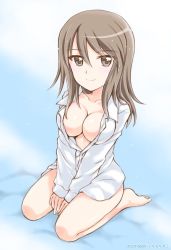 Rule 34 | 1girl, artist name, barefoot, bed sheet, bottomless, breasts, brown eyes, brown hair, cleavage, closed mouth, commentary, dated, dress shirt, full body, girls und panzer, kuromori yako, long hair, long sleeves, looking at viewer, medium breasts, mika (girls und panzer), naked shirt, no headwear, on bed, partially unbuttoned, shirt, sitting, smile, solo, v arms, wariza, white shirt