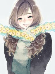 Rule 34 | 1girl, blush, brown hair, cako ashida, crying, eyelashes, flower, green eyes, lipstick, long hair, makeup, original, parted lips, scarf, simple background, smile, solo, starry sky print, swept bangs, tears, upper body