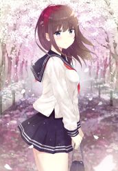 Rule 34 | 1girl, 7 calpis 7, bag, black sailor collar, black skirt, blush, breasts, brown hair, cherry blossoms, closed mouth, commentary request, flower, hair between eyes, highres, holding, holding bag, long hair, long sleeves, looking at viewer, looking to the side, original, petals, pleated skirt, purple eyes, red neckwear, road, sailor collar, school bag, school uniform, serafuku, shirt, skirt, small breasts, smile, solo, spring (season), street, tree, white flower, white shirt, wind