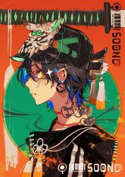 Rule 34 | 1boy, absurdres, black hair, blue hair, choker, closed mouth, colored inner hair, ear piercing, facing to the side, glasses, hat, highres, hood, hoodie, looking at viewer, male focus, multicolored hair, original, piercing, short hair, solo, soono (rlagpfl), tattoo, yellow eyes