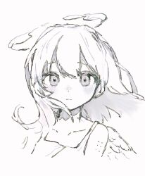 Rule 34 | 1girl, angel, angel wings, bare shoulders, blush, collarbone, cropped torso, dress, expressionless, feathered wings, floating hair, greyscale, halo, highres, looking at viewer, medium hair, monochrome, original, simple background, sketch, sleeveless, sleeveless dress, solo, tetora u u, upper body, vaccine scar, wings