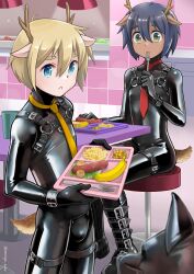 Rule 34 | 2boys, animal ears, antlers, banana, blonde hair, blue eyes, blue hair, bodysuit, boots, cafeteria, commission, cuffs, dark-skinned male, dark skin, deer antlers, deer boy, deer ears, deer tail, eating, food, fork, fruit, highres, holding, holding tray, horns, latex, latex bodysuit, multiple boys, necktie, original, red necktie, sausage, shiny clothes, sitting, skeb commission, skin tight, standing, tachibana momoya, tail, thigh strap, trap, tray, yellow eyes, yellow necktie