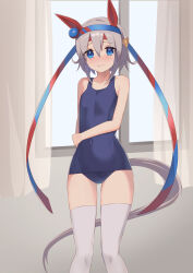 Rule 34 | 1girl, absurdres, alternate costume, alternate hair length, alternate hairstyle, astroglia cyte, bare shoulders, blue eyes, blue one-piece swimsuit, blush, breasts, collarbone, commission, competition school swimsuit, covered navel, ear covers, embarrassed, grey hair, hair between eyes, headband, highres, horse girl, indoors, one-piece swimsuit, red headband, school swimsuit, short hair, small breasts, solo, swimsuit, tamamo cross (umamusume), thighhighs, umamusume, wavy mouth, white thighhighs