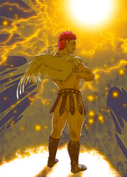 Rule 34 | 1boy, ancient greek clothes, ass, bara, crossed arms, from behind, full body, greco-roman clothes, looking at viewer, looking back, male focus, muscular, muscular male, pollux (housamo), red hair, short hair, sideburns, single wing, solo, sun, thick thighs, thighs, tokyo houkago summoners, tsuna (so da77), wings
