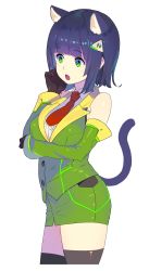Rule 34 | 1girl, absurdres, animal ears, bare shoulders, black gloves, black thighhighs, breasts, cat, cat ears, collared shirt, contrapposto, cropped legs, detached sleeves, enkyo yuuichirou, gloves, green eyes, green jacket, green skirt, highres, jacket, kyoumachi seika, large breasts, long sleeves, miniskirt, necktie, open mouth, pencil skirt, purple hair, red necktie, shirt, short hair, simple background, skirt, sleeveless, sleeveless jacket, sleeveless shirt, solo, standing, thighhighs, voiceroid, white background, wing collar