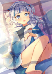 Rule 34 | 1girl, barefoot, blue eyes, blue hair, blue hoodie, blunt bangs, blush, feet, fins, fish tail, gawr gura, hair ornament, highres, hololive, hololive english, hood, hoodie, leeannpippisum, legs, long hair, long sleeves, lying, multicolored hair, open mouth, shark, shark girl, shark hair ornament, shark tail, sharp teeth, short twintails, solo, streaked hair, stuffed toy, sunlight, tail, teeth, toes, twintails, virtual youtuber, white hair