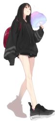 Rule 34 | 1girl, :q, ama mitsuki, ankle socks, backpack, bag, black hair, black hoodie, black shorts, commentary request, cotton candy, eating, food, full body, highres, holding, holding food, hood, hoodie, long hair, original, oversized clothes, panties, panty peek, red bag, shoes, short shorts, shorts, simple background, sleeves past fingers, sleeves past wrists, sneakers, socks, solo, standing, tongue, tongue out, underwear, walking, white background, white panties
