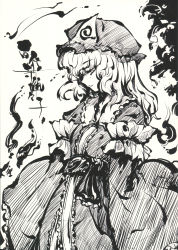 Rule 34 | 1girl, absurdres, dress, female focus, from side, ghost, greyscale, hat, highres, long hair, long sleeves, looking at viewer, monochrome, profile, saigyouji yuyuko, solo, tokiame, touhou
