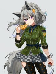 Rule 34 | 1girl, animal ears, arknights, blue shirt, can, checkered clothes, checkered skirt, clothing cutout, cowboy shot, eating, food, grani (arknights), grani (miraculous moment) (arknights), green shirt, grey background, hair ornament, hairclip, highres, holding, holding can, holding food, holding pizza, horse ears, horse tail, leggings, long hair, long sleeves, looking at viewer, miniskirt, necktie, official alternate costume, pizza, pizza slice, ponytail, purple eyes, shirt, silver hair, simple background, skirt, solo, spacelongcat, standing, striped clothes, striped shirt, tail, thigh cutout, vertical-striped clothes, vertical-striped shirt, yellow necktie
