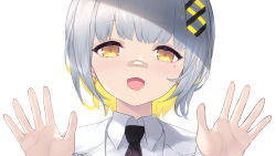 Rule 34 | 1girl, :d, bandaid, bandaid on face, bandaid on nose, black necktie, blonde hair, brown eyes, cait aron, collared shirt, commentary, earrings, fangs, grey hair, hachi (live union), hair ornament, hands up, highres, jacket, jewelry, live union, looking at viewer, mole, mole under eye, multicolored hair, necktie, open mouth, shirt, simple background, smile, solo, two-tone hair, upper body, virtual youtuber, white background, white jacket, white shirt, x hair ornament