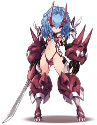 Rule 34 | 1girl, alfimi, armor, bikini armor, blue hair, breasts, fangs, gauntlets, high ponytail, highres, holding, holding sword, holding weapon, horn ornament, horns, karukan (monjya), katana, long hair, looking to the side, mecha musume, navel, original, ponytail, red eyes, revealing clothes, shiny skin, simple background, small breasts, solo, standing, stomach, super robot wars, super robot wars original generation, sword, thong, very long hair, weapon, white background