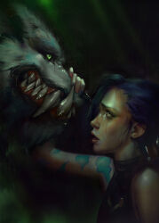Rule 34 | 1boy, 1girl, absurdres, animal ears, arcane: league of legends, arcane jinx, arm tattoo, asymmetrical bangs, bare shoulders, blue hair, body fur, brown choker, choker, cloud tattoo, commentary, english commentary, fangs, fingerless gloves, gloves, green eyes, grey fur, hand on another&#039;s face, highres, holding, jinx (league of legends), league of legends, long hair, looking at another, open mouth, pink eyes, sharp teeth, shoulder tattoo, tattoo, teeth, wanda (wandakun), warwick, werewolf