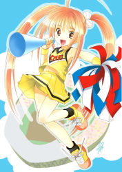 Rule 34 | 1girl, azuma yuki, buruma, cheerleader, megaphone, original, panties, pom pom (cheerleading), solo, twintails, underwear, yellow panties