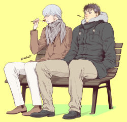 Rule 34 | 2boys, alternate costume, alternate hairstyle, androgynous, bench, berserk, black hair, blue eyes, brown eyes, casual, coat, contemporary, couple, eating, enaki (mtmti), full body, fur trim, griffith (berserk), guts (berserk), hands in pockets, hood, hoodie, long hair, male focus, multiple boys, muscular, pants, pectorals, red nose, scar, scar on face, scar on nose, scarf, shoes, short hair, sitting, toned, toned male, twitter username, wavy hair, white hair, winter clothes