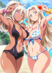 Rule 34 | 2girls, ;d, absurdres, armpits, beach, bikini, black choker, black one-piece swimsuit, blonde hair, blue eyes, blue sky, blurry, blurry background, blush, border, bracelet, breasts, casual one-piece swimsuit, choker, cloud, collarbone, covered erect nipples, cowboy shot, dark-skinned female, dark elf, dark skin, day, deep skin, ear piercing, earrings, elf, eyelashes, female focus, fingernails, flower, groin, hair flower, hair ornament, hand on own chest, heart, heart choker, heart earrings, heart necklace, hibiscus, highres, jewelry, large breasts, long hair, looking at viewer, midriff, multi-strapped bikini, multiple girls, navel, necklace, ocean, one-piece swimsuit, one eye closed, open mouth, original, outdoors, page number, palm tree, parted bangs, piercing, pointy ears, polka dot, polka dot bikini, purple eyes, purple scrunchie, sand, scrunchie, side-by-side, side-tie swimsuit, sky, smile, standing, stomach, swimsuit, tan, teeth, toranoana, tree, v, washizuka shou, water, white bikini, white border, wink, wrist scrunchie