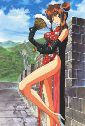 Rule 34 | 1990s (style), 1girl, bare legs, black gloves, brown hair, china, china dress, chinese clothes, day, double bun, dress, elbow gloves, floral print, folding fan, gloves, great wall of china, hair bun, hand fan, high heels, highres, holding, holding fan, long hair, looking at viewer, nanako kaitai shinsho, non-web source, official art, outdoors, pelvic curtain, pump, red dress, red eyes, retro artstyle, scan, shichigusa nanako, sidelocks, sleeveless, sleeveless dress, solo, standing, white footwear, yamashita toshinari