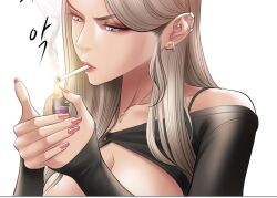 Rule 34 | 1girl, breasts, cigarette, cleavage, dr stein (pixiv), earrings, jewelry, lighter, mia (smoking hypnosis), piercing, smoke, smoking hypnosis, upper body