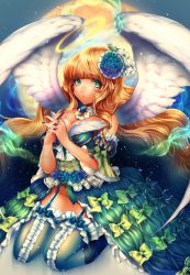 Rule 34 | 1girl, angel wings, bad id, bad pixiv id, bare shoulders, blonde hair, blue eyes, bow, breasts, cleavage, dress, flower, frilled thighhighs, frills, garter straps, hair flower, hair ornament, halo, kneeling, long hair, momoshiki tsubaki, moon, nail polish, night, night sky, open mouth, original, own hands clasped, own hands together, panties, ribbon, sky, solo, star (sky), thighhighs, underwear, wings
