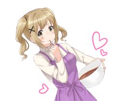 Rule 34 | 1girl, apron, bad id, bad pixiv id, bang dream!, blush, bowl, brown eyes, chocolate, commentary request, dutch angle, hair ornament, heart, holding, holding bowl, ichigaya arisa, light brown hair, long hair, long sleeves, looking at viewer, mixing bowl, purple apron, shirt, sidelocks, simple background, solo, tongue, tongue out, tsukiman, twintails, white background, white shirt, x hair ornament
