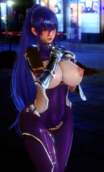 Rule 34 | 1girl, 3d, absurdres, akiyama rinko, black pubic hair, blurry, blurry background, blush, bodysuit, breasts, breasts out, covered erect nipples, ear piercing, embarrassed, eyeshadow, gauntlets, gloves, highres, huge breasts, lipstick, long hair, makeup, mascara, mismatched pubic hair, nipples, non-web source, piercing, pixiv, pubic hair, purple eyes, purple hair, red lips, shiny skin, solo, standing, taimanin (series), taimanin suit, torn bodysuit, torn clothes, very long hair, xionger99 (pixiv)
